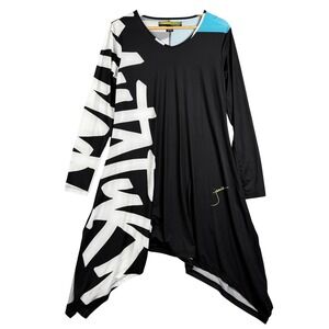 Jamie Sadock Sunsense Long Sleeve Graphic Sharkbite Hem Top Black White Blue M